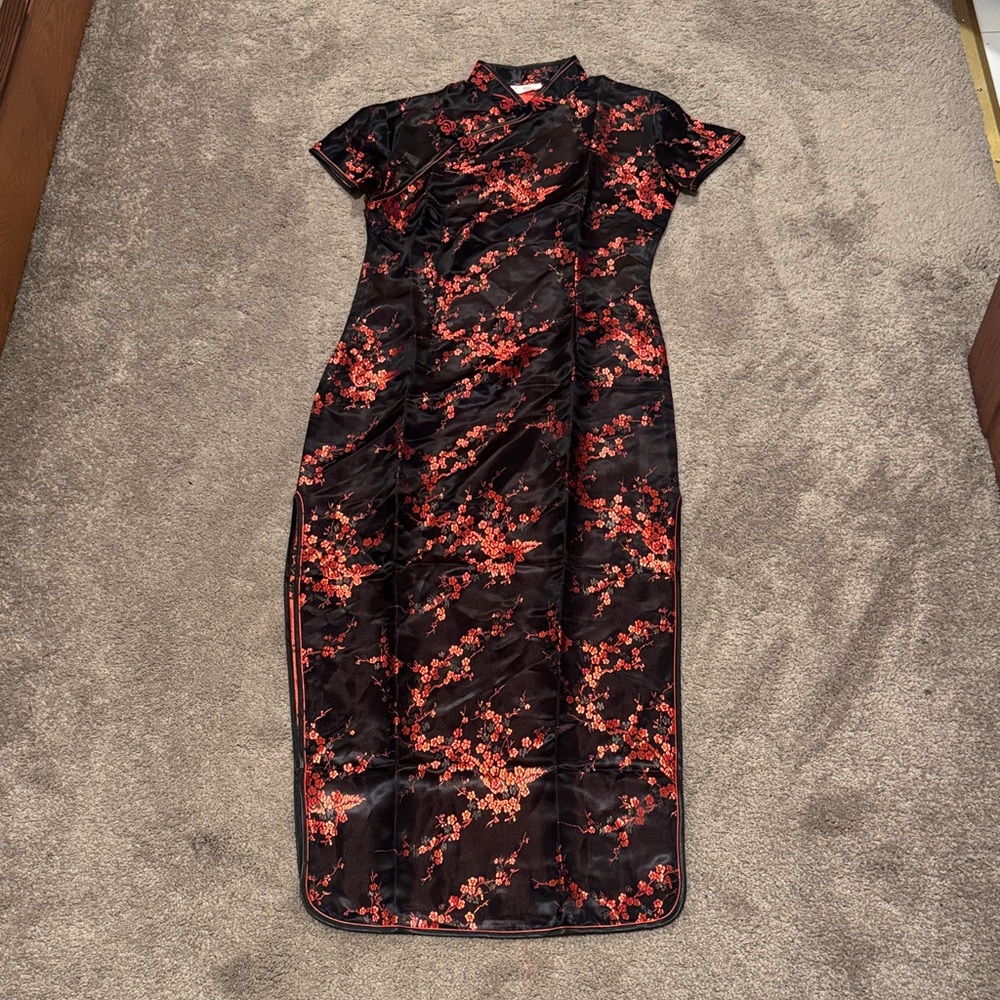 Lian Lin Black Red Floral Satin Qipao Cheongsam Dress SIZE L